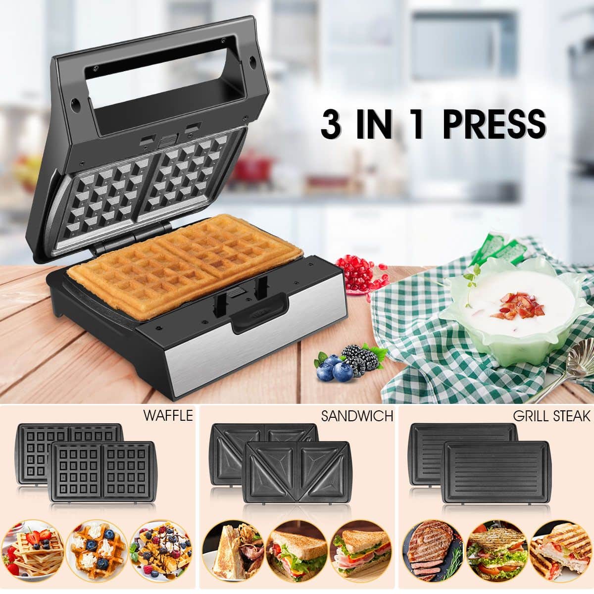 3 in 1 panini press with waffles inside and all plates showing